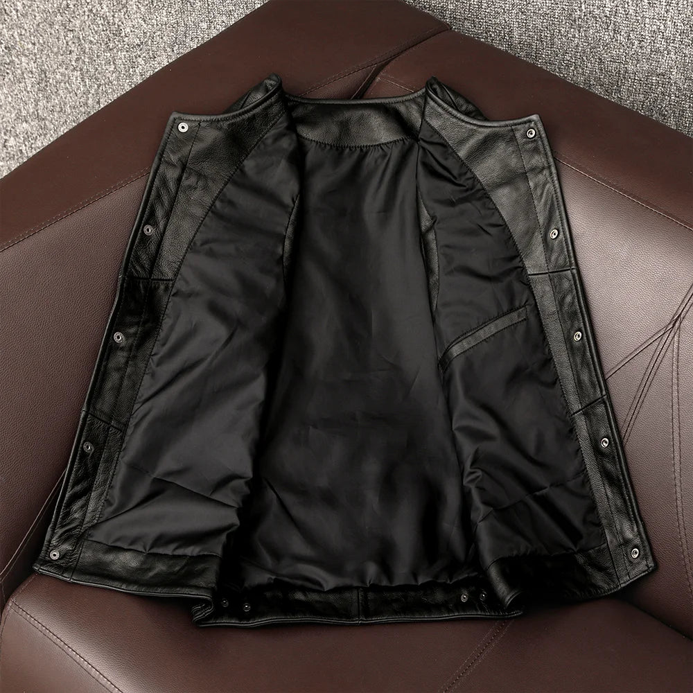 Genuine Leather Vest Men's Casual American Sle Top Layer Cowhide ort Faion Urban Motorcycle Vest Autumn Season V-Ne