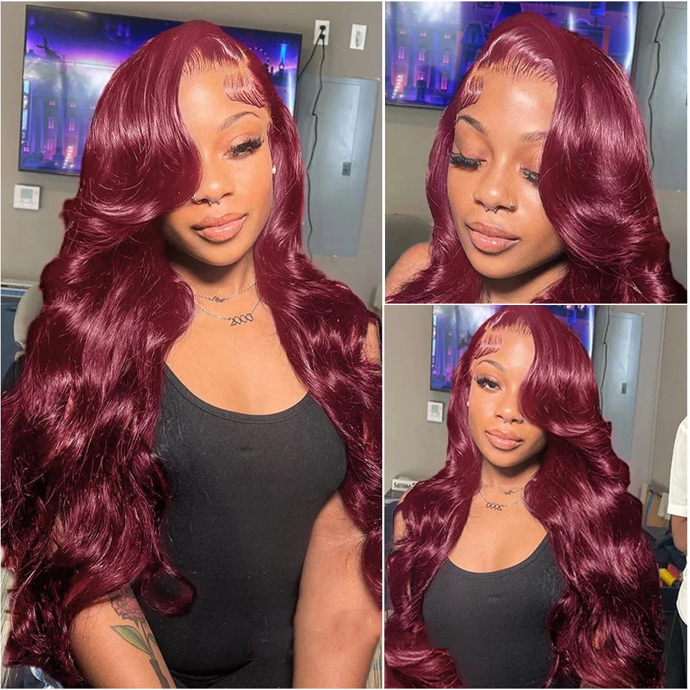 40 Inch 99J Burgundy 13x4 HD Lace Front Wig Body Wave 13x6 HD Lace Front Wigs Pre Plucked Red Colored Wigs For Women 200 Density