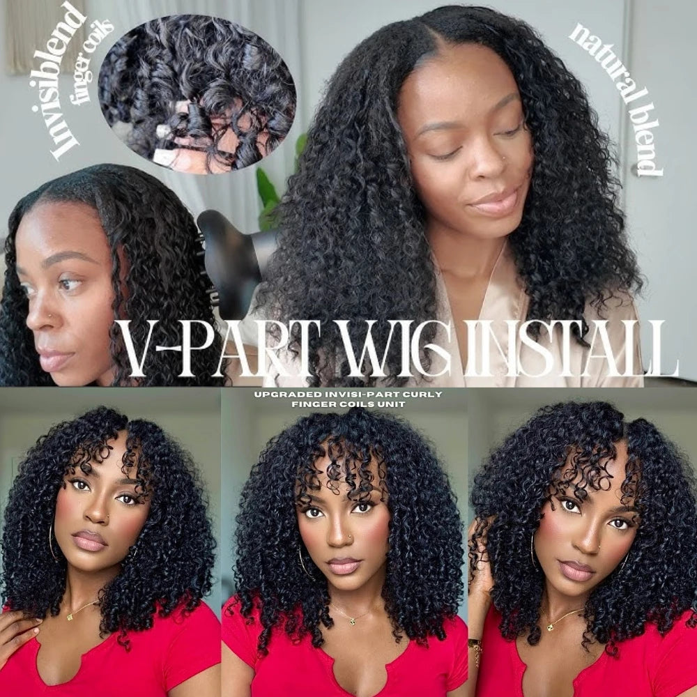 UNice Burmese Curly V Part Wig With Finger Coil Ends & Invisi Drawstring 100% Human Hair Glueless Wigs For Beginners
