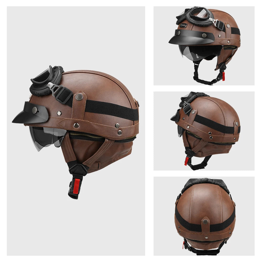 Motorcycle Half Helmet Leather Motorbike Open Face Helmet Vintage Fashion Safety Helmets Anti Fall And SunCap Moto Helmets M-XL