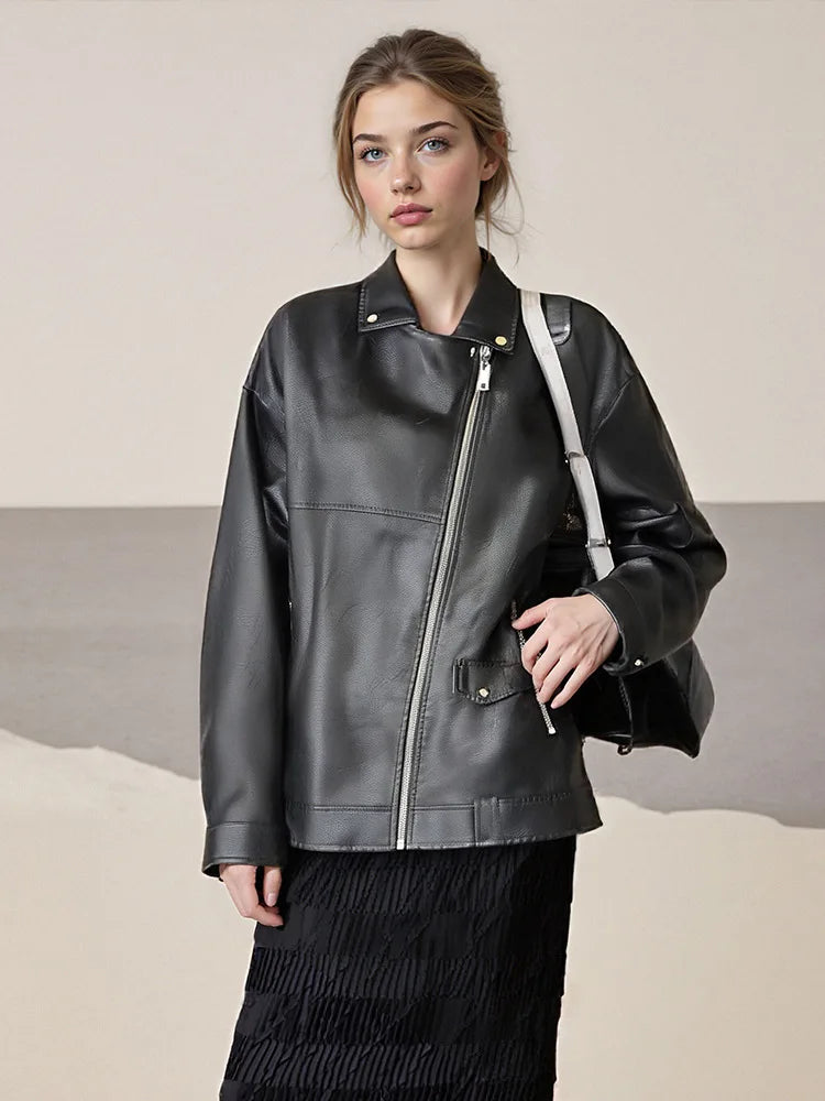 Autumn new women's leather jacket short top jacket PU leather jacket motorcycle jacket leather jacket zipper women's clothing