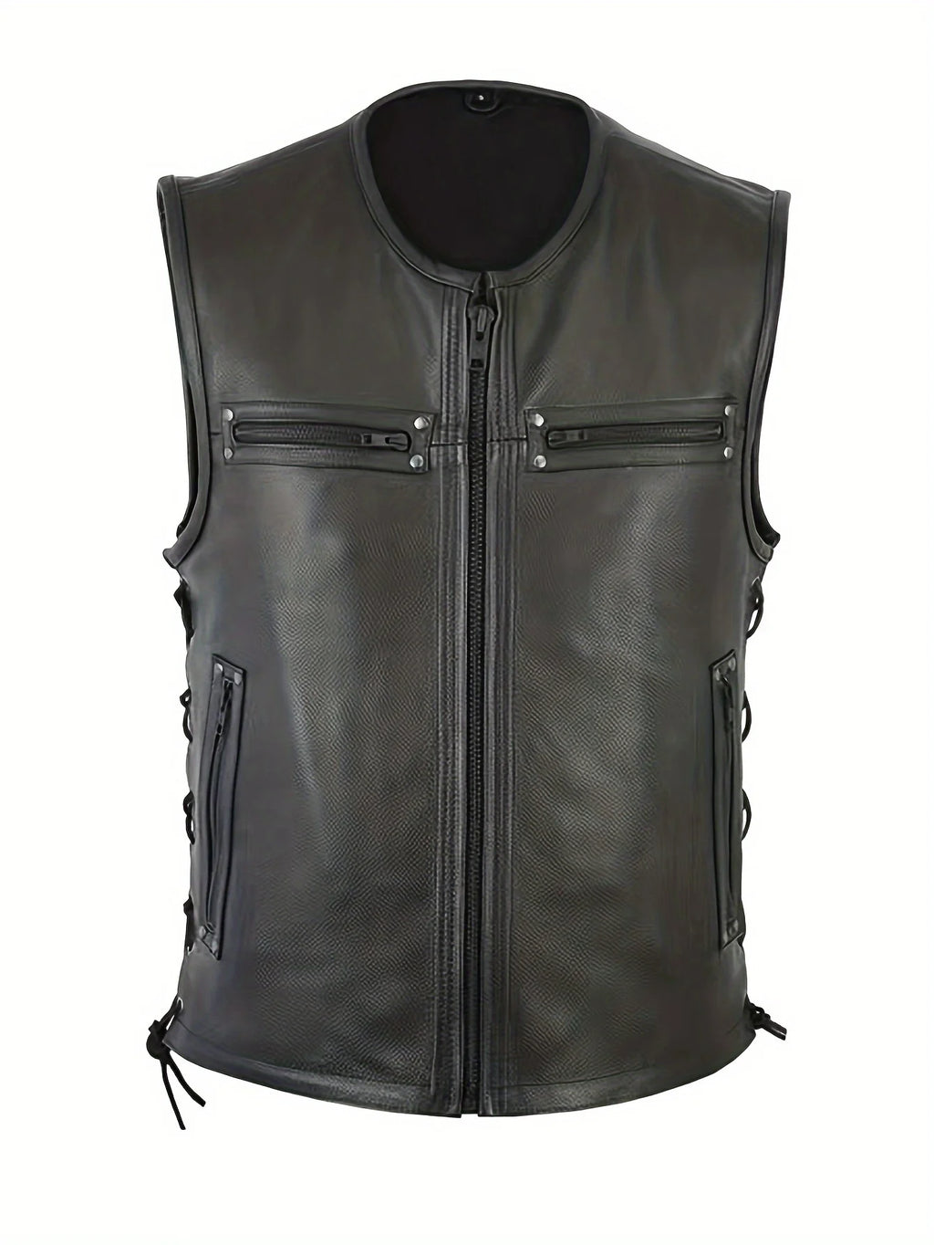 Men Solid Color Vest Motorcycle Fleet Punk Leather Vest Coat Sleeveless O-Neck Zipper Slim Jacket Autumn Work Coats Male Wear