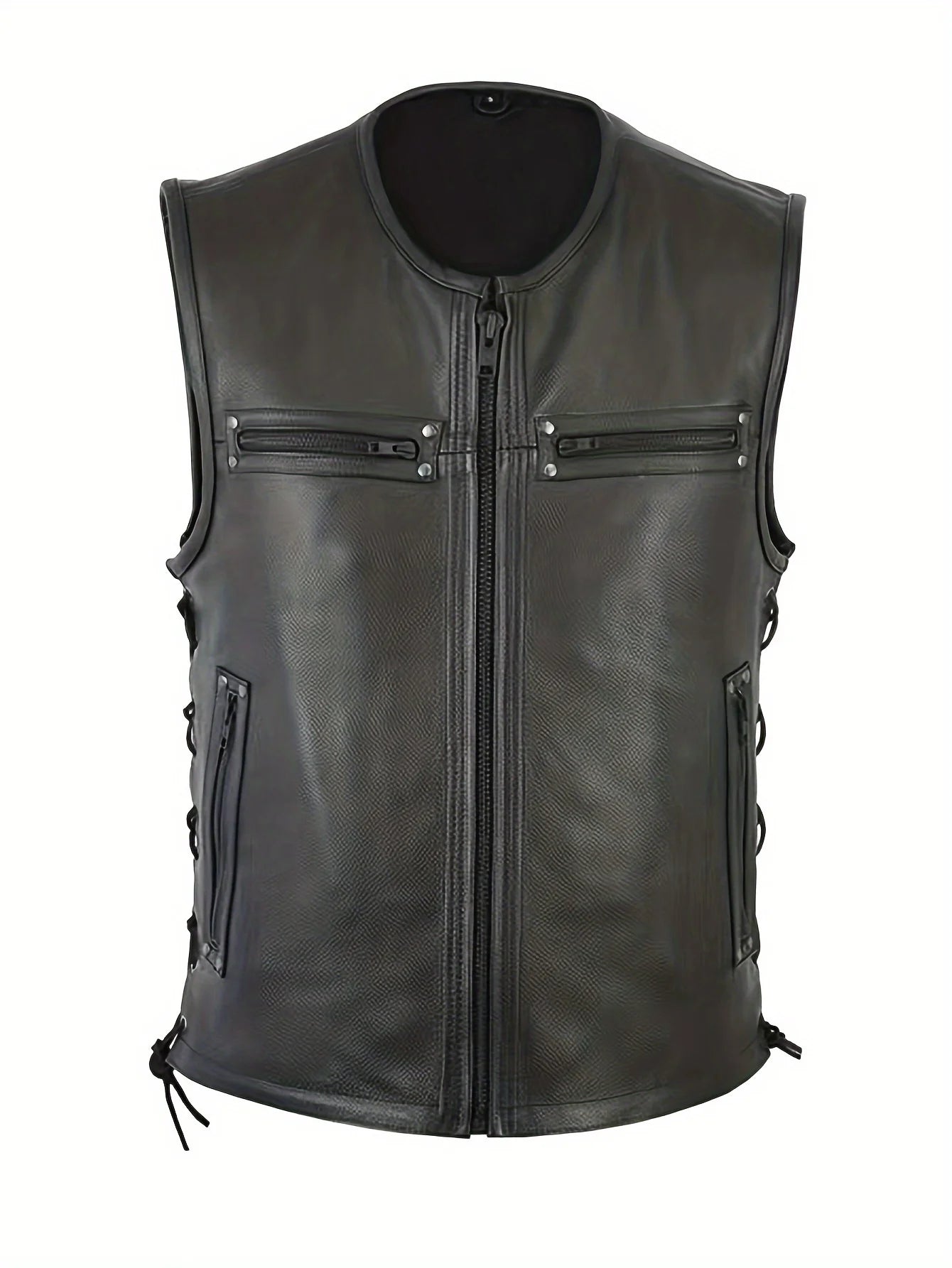 Men Solid Color Vest Motorcycle Fleet Punk Leather Vest Coat Sleeveless O-Neck Zipper Slim Jacket Autumn Work Coats Male Wear