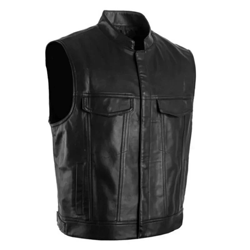 1The Latest Solid Color Vest Motorcycle Standing Collar Leather Vest for Men Pu Leather Coat