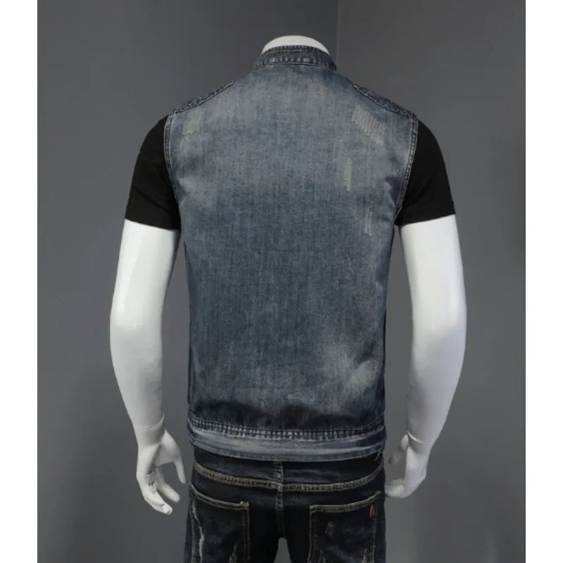 Mens Stand Collar Motorcycle Biker Denim Vest Vintage Zipper Cowboy Wasitcoat Men Casual Cotton Sleevless Jean Jacket Coat