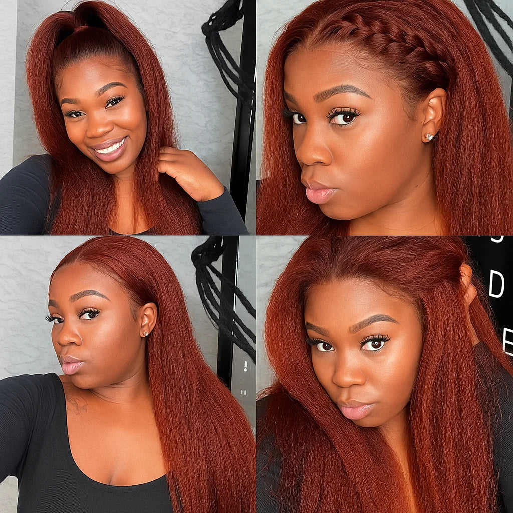 Kinky Straight Closure 4x4 Human Hair Wig Reddish Brown Lace Front Wig Human Hair  13x4 HD Lace Wig 200 Density Brazilian Hair