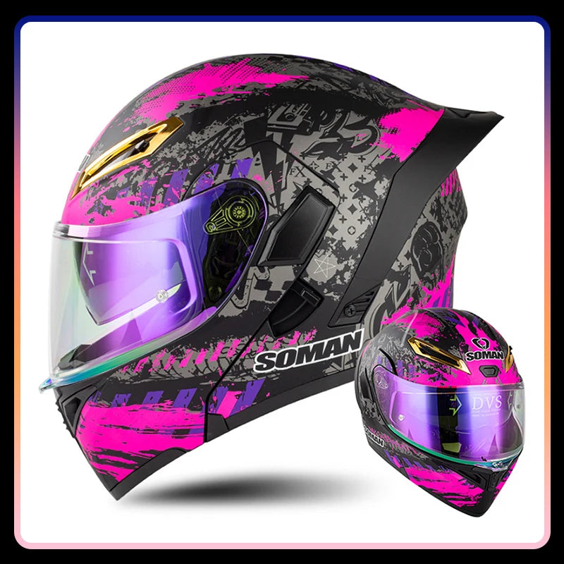 Men Women Motorcycle Helmets Full Face Helmet Colorful Dual Lens Flip Up Helmet DOT Approved Purple Modular Helm Casco Para Moto