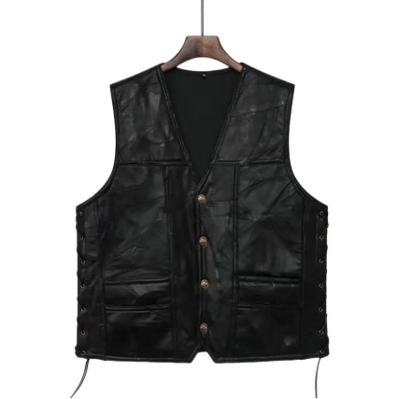 Motorcycle Pu Leather Vest Male Sleeveless Trendy Fashionable Jacket Button Casual Waistcoat Men Solid Color Vest Large Size