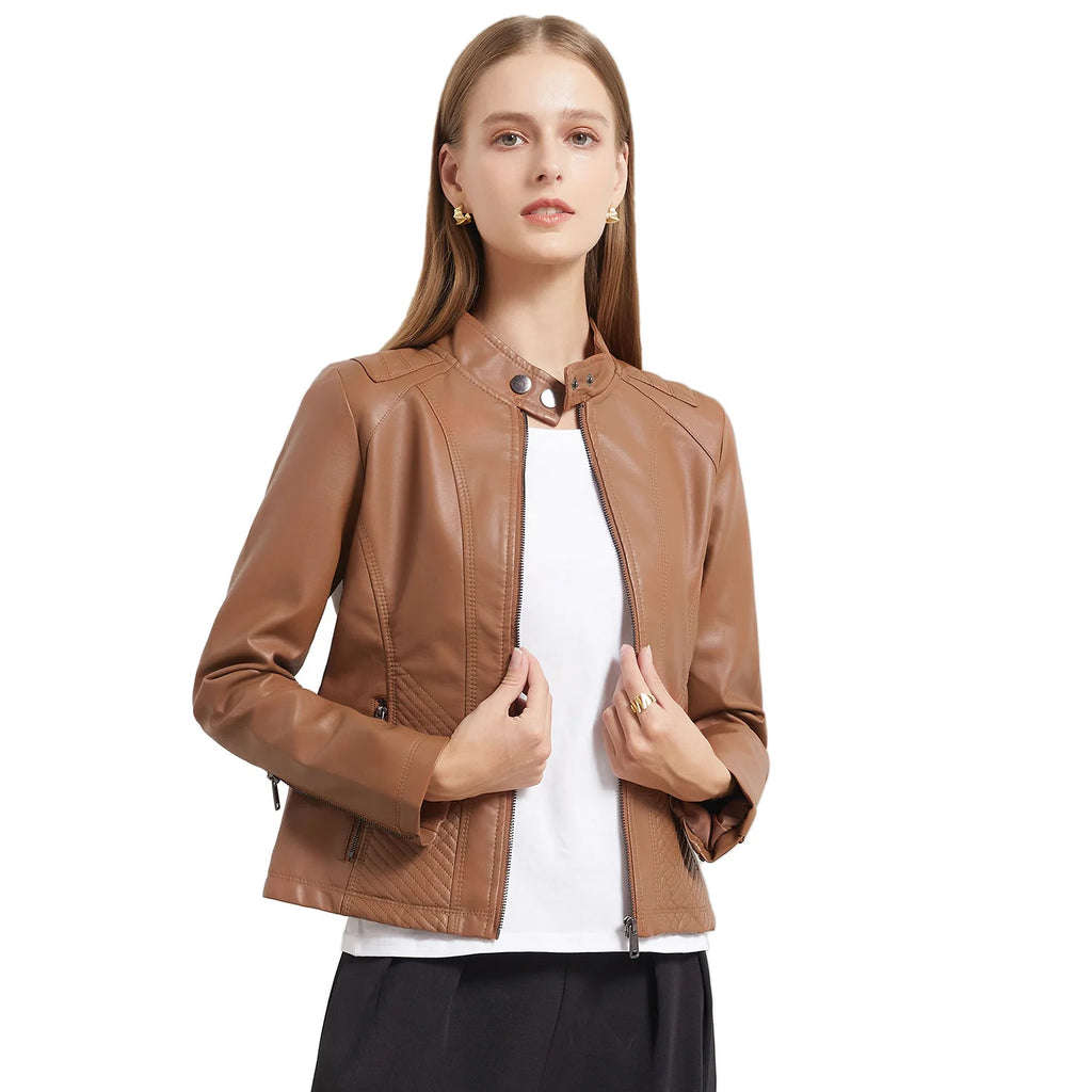 Women's Long Sleeved Zipper Motorcycle Jacket, Casual Leather Jacket, Simple and Trendy Clothing, Autumn and Winter popular