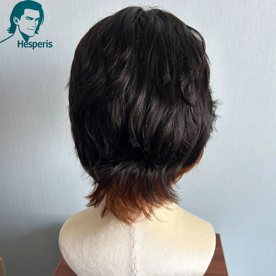 Hesperis Pre-Styled Male Ombre Brown Wig Full Lace Brown Remy Human Hair Short Cut Wig for Men Hair Replacement System