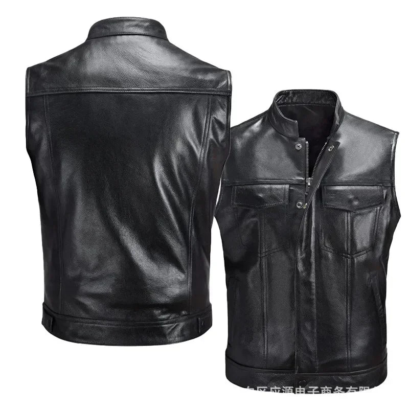 FashionThe Latest Solid Color Vest Motorcycle Standing Collar Leather Vest for Men Pu Leather Coat
