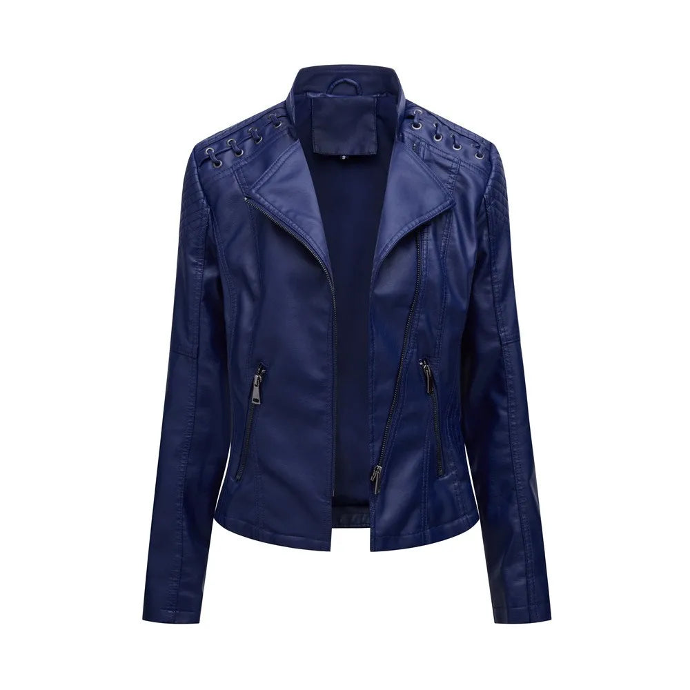 Spring Autumn Women's Clothing Slim Fit PU Leather Jacket For Woman Motorcycle Biker Style Short Coat With Notched Collar