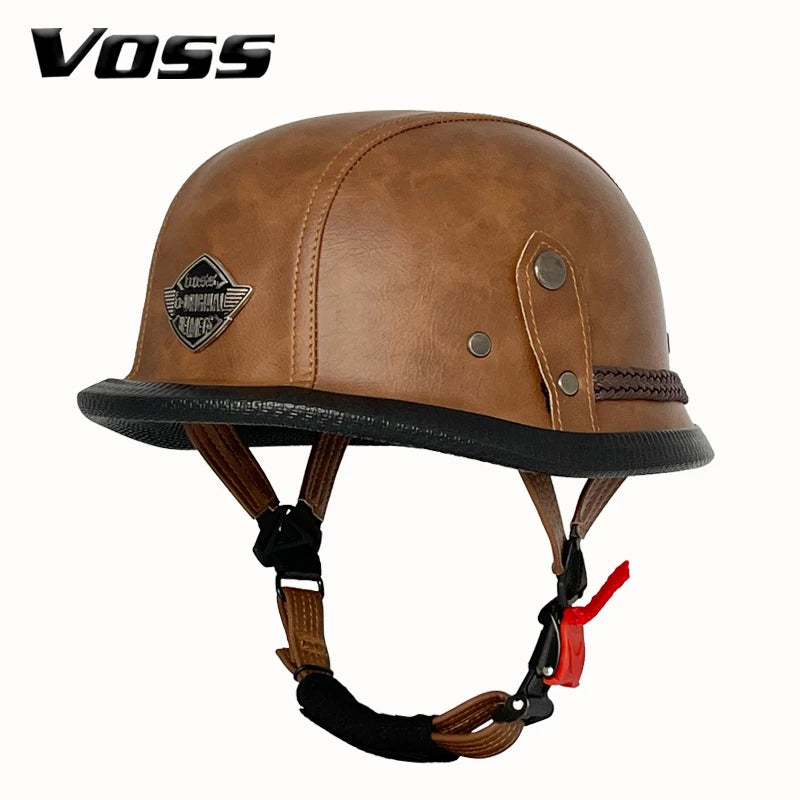 Vintage leather WWII-style black riding helmet, unisex open-face half helmet for German motorcycles, factory direct sales.