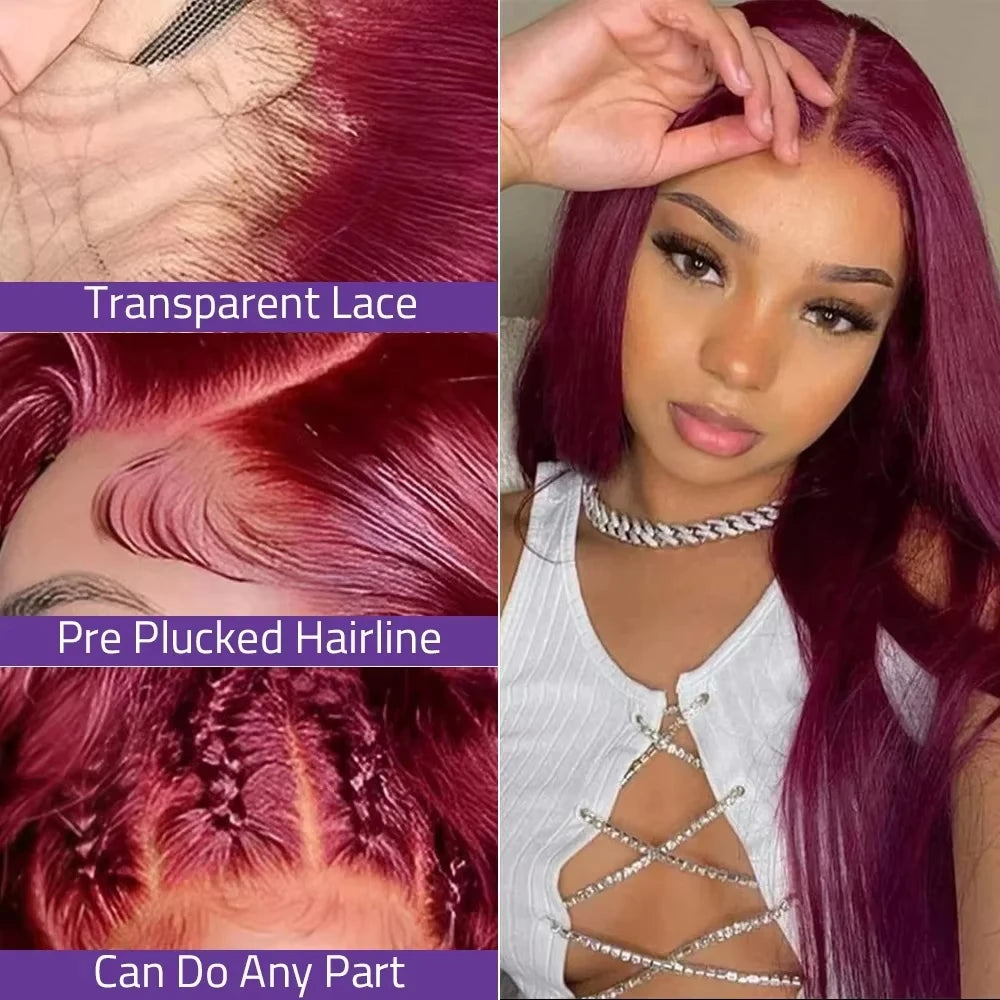 99J Red Burgundy Colored Lace Frontal Human Hair Wigs 13X6 HD Straight Lace Front Wig 200 Density Pre Plucked Human Hair Wig
