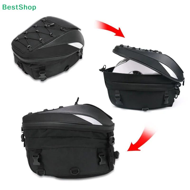 ♫Waterproof Motorcycle Tail Bag,Expandable Helmet Storage Backpack with Molle System for Motorbike Riding