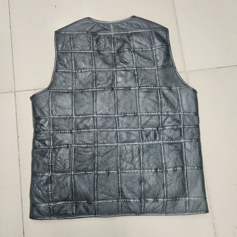 2026 Real Sheepskin Genuine Leather Vest Men Black Waistcoat Male Sleeveless Jacket Thick Motorcycle Vest Multi Pocket Zipper
