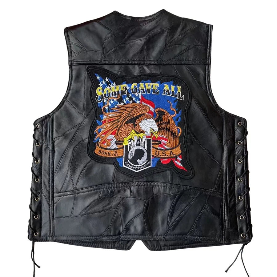 Embroidered Men Motorcycle Leather Vest Punk Sleeveless Jacket Riding Biker Waistcoat Men's Clothing Black Streetwear Big Size