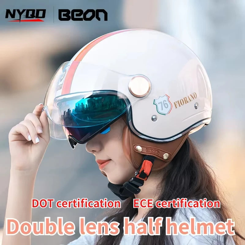 BEON Motorcycle Retro Style Helmet Electric Bike Riding Three-quarters Half Helmet Lightweight Dual Lens Safety Helmet