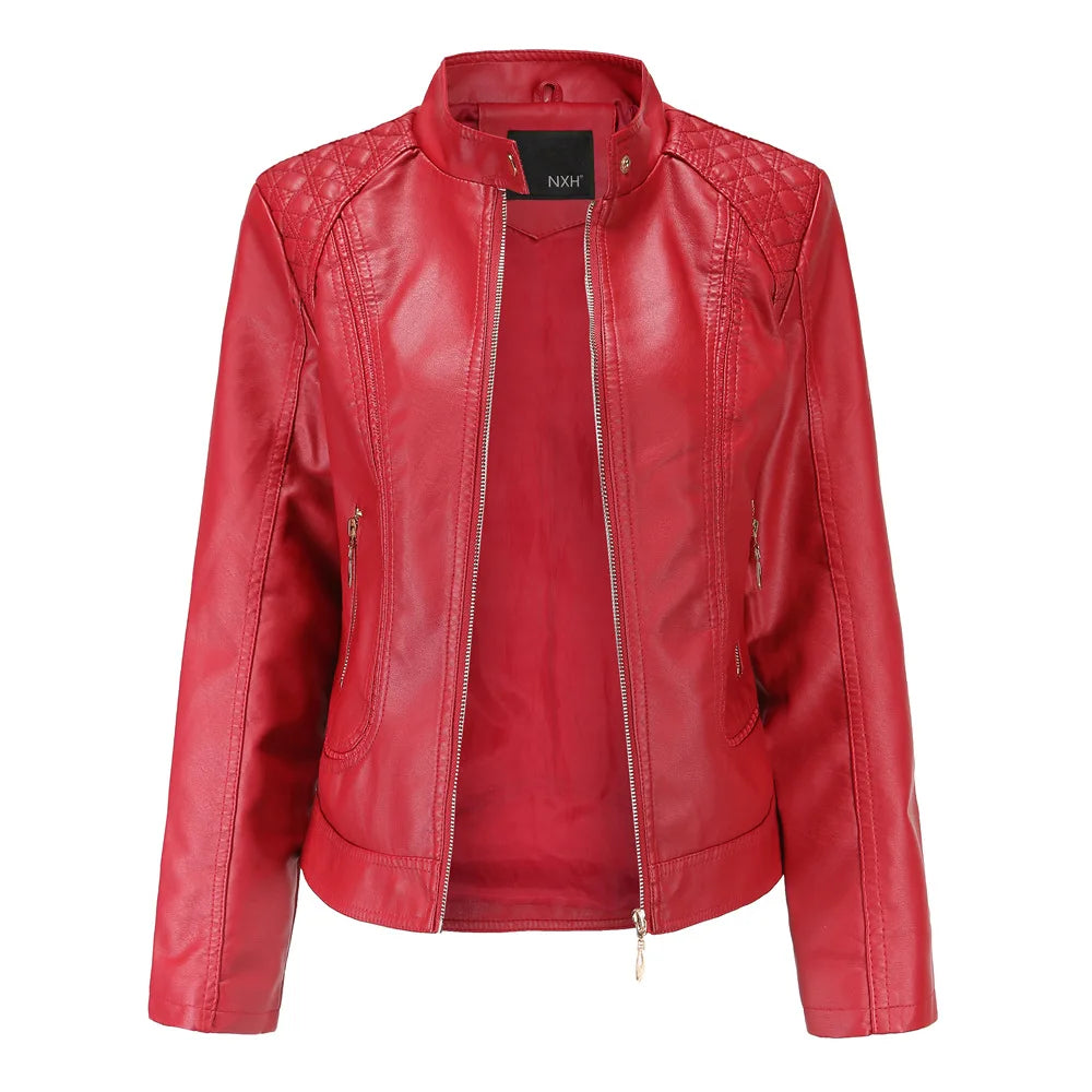 Punk Leather Jacket for Women, Large Standing Neck, Motorcycle Coat, Spring and Autumn Clothing, Temperament
