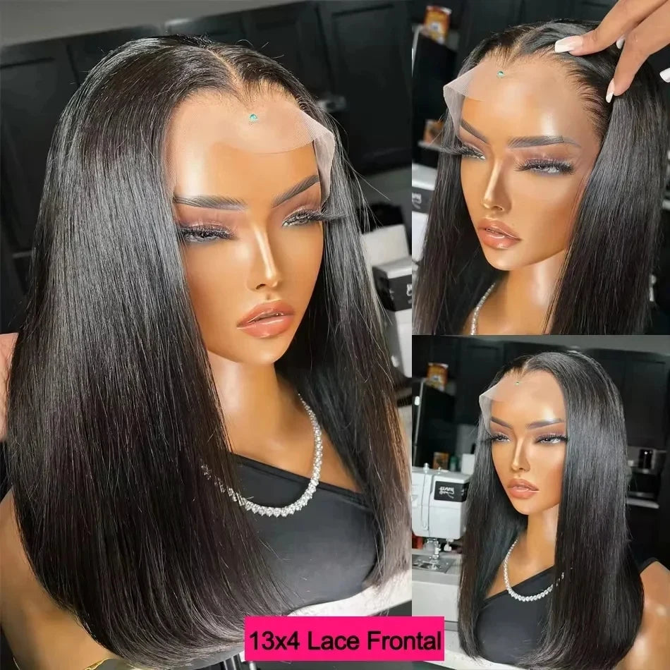 Straight Short Bob Wig Human Hair 13x4 Transparent Lace Front Wigs 200 Density Natural Black Bone Straight Short Human Hair Wigs