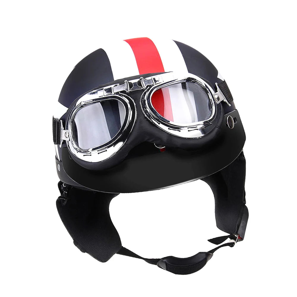 Half Open Face Motorcycle Helmet with Goggles Visor Scarf Biker Scooter Touring Helmet