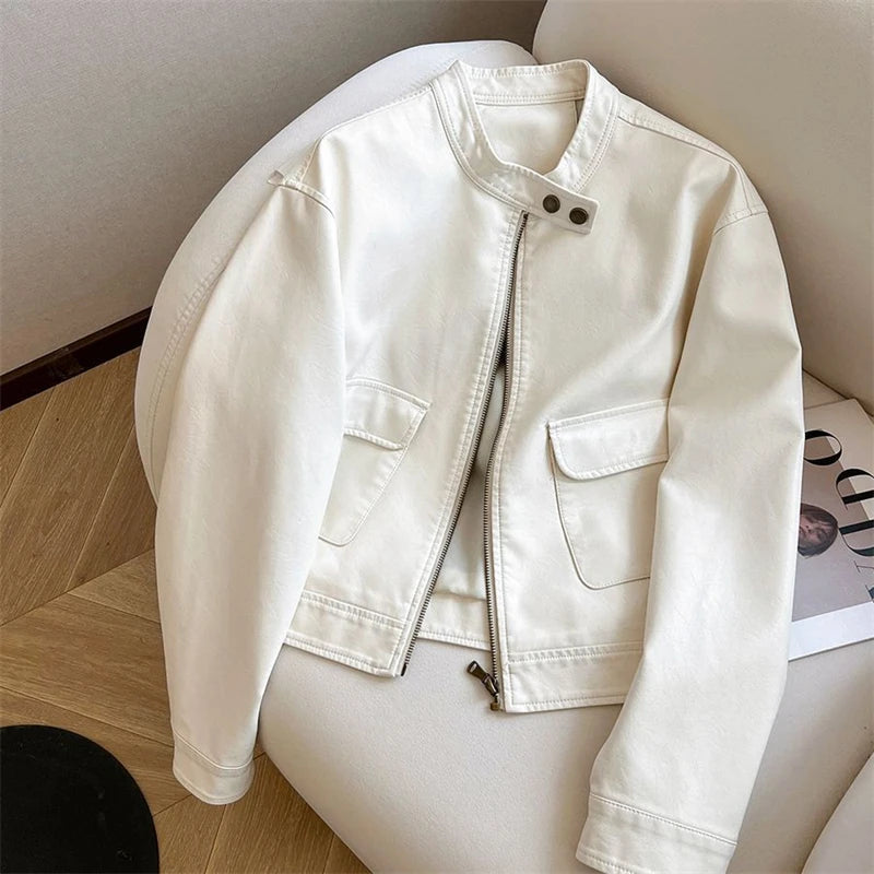 All-match Casual PU Short Leather Jacket 2025 New Spring Autumn Motorcycle Clothing Retro Fashion Women Coat White Black Outwear