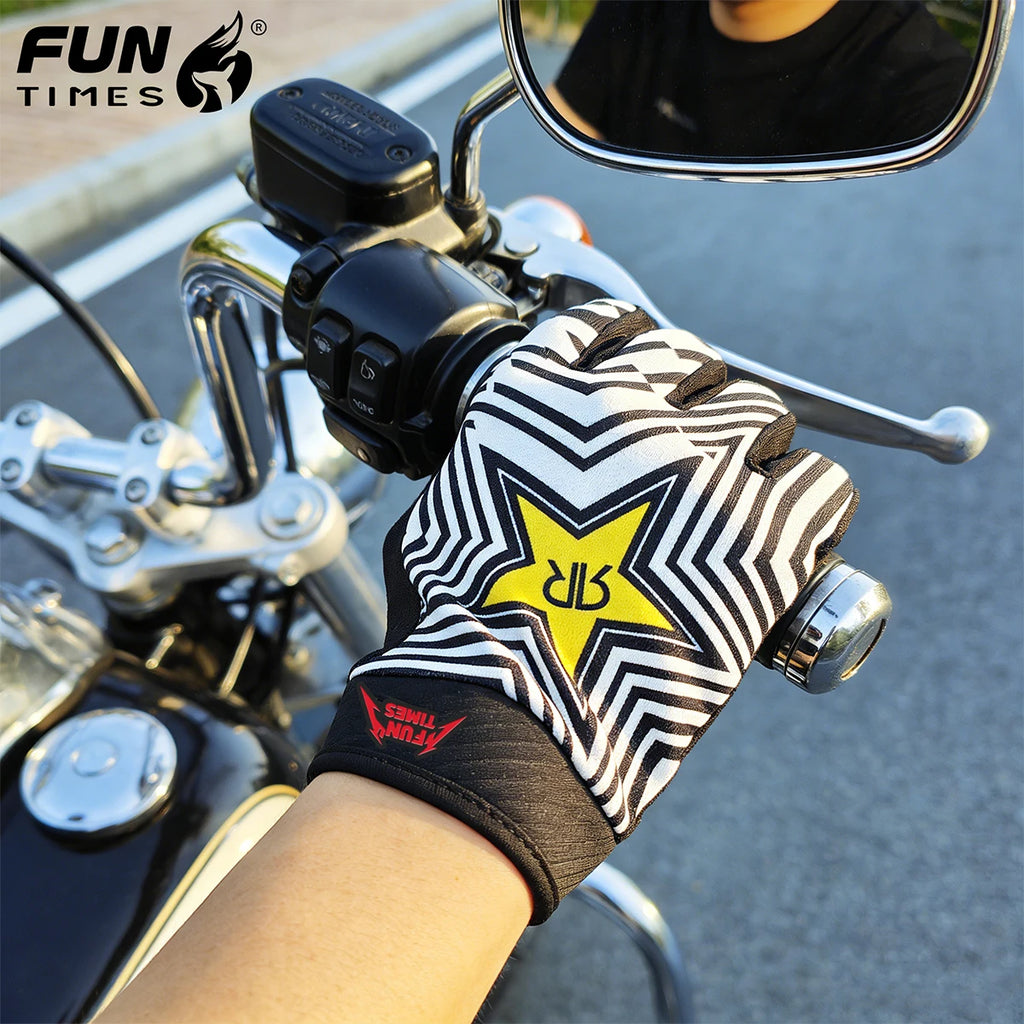 FUNTIMES latest little fox pattern design motorcycle riding full finger gloves black and white striped split finger gloves