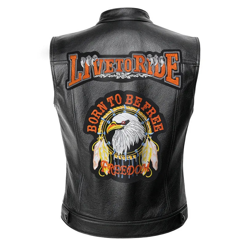 Mens Leather Cosplay Costume Motorcycle Vest Live To Ride Jacket Applique Rock Punk Vest Zipper Top Coat Sleeveless Jacket