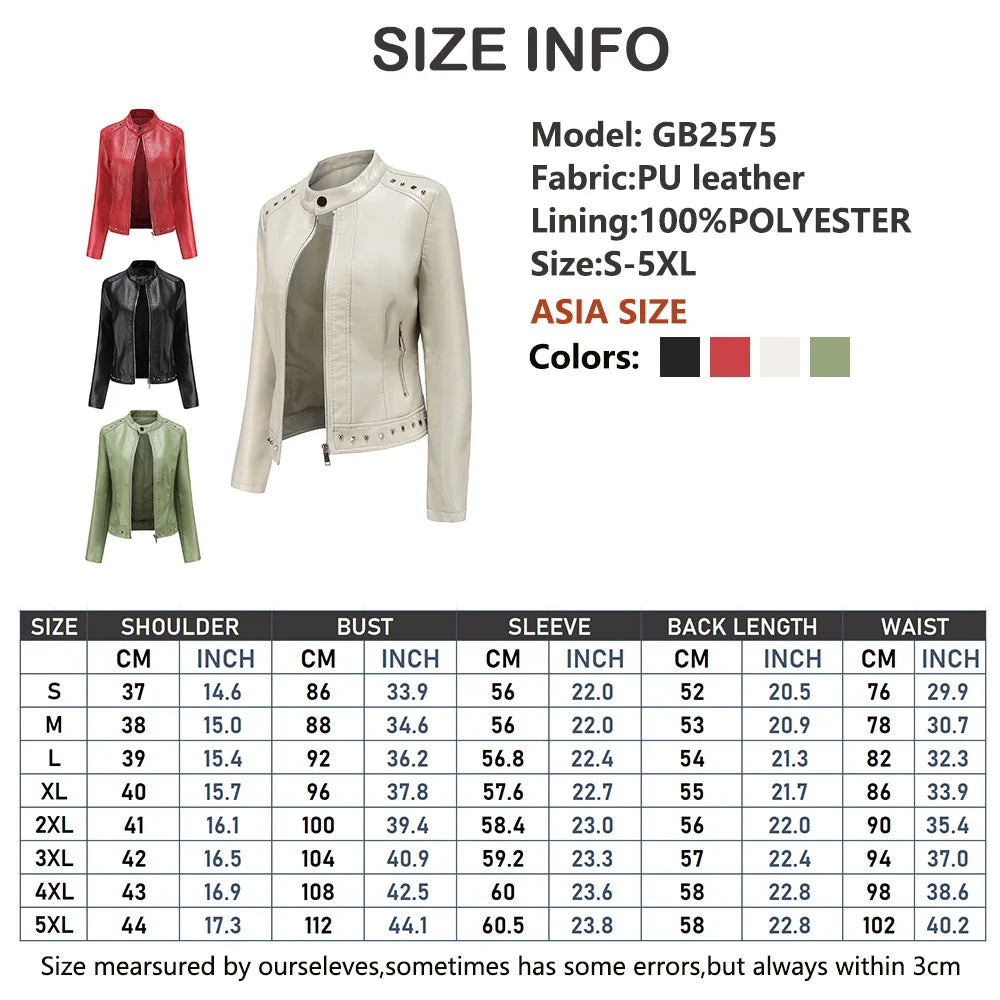 Women's Riveted Leather Coat with Standing Collar, Casual Jacket, Motorcycle Clothing, 5XL, Zipper leather jacket motorcycle top