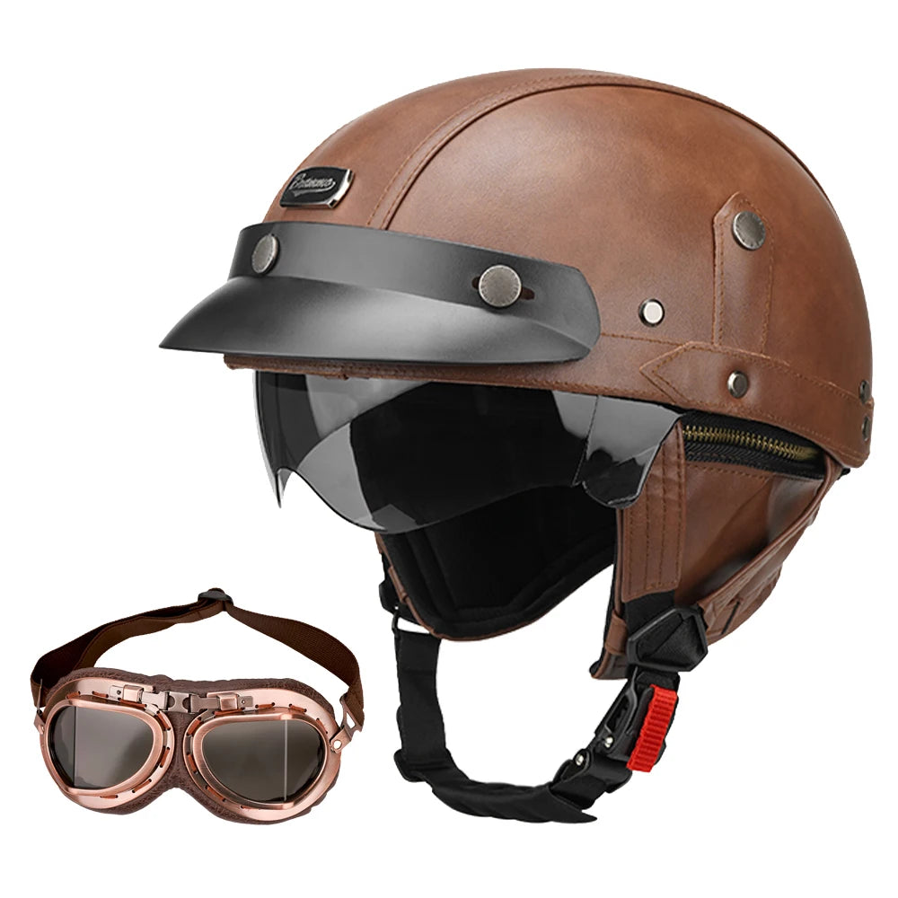 Motorcycle Half Helmet Leather Motorbike Open Face Helmet Vintage Fashion Safety Helmets Anti Fall And SunCap Moto Helmets M-XL