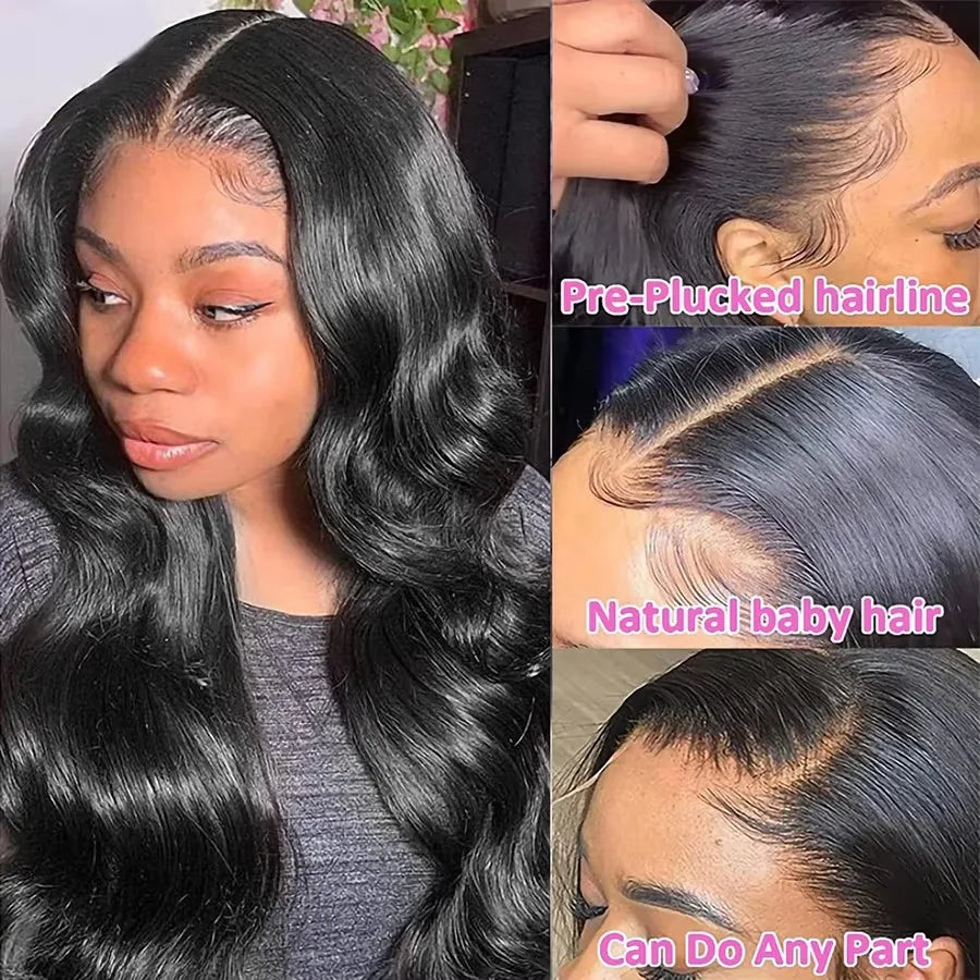 Pre-Plucked Natural Black Body Wave 13x4 HD Transparent Lace Front Wig Human Hair Wigs 180% Density Lace Frontal Wig