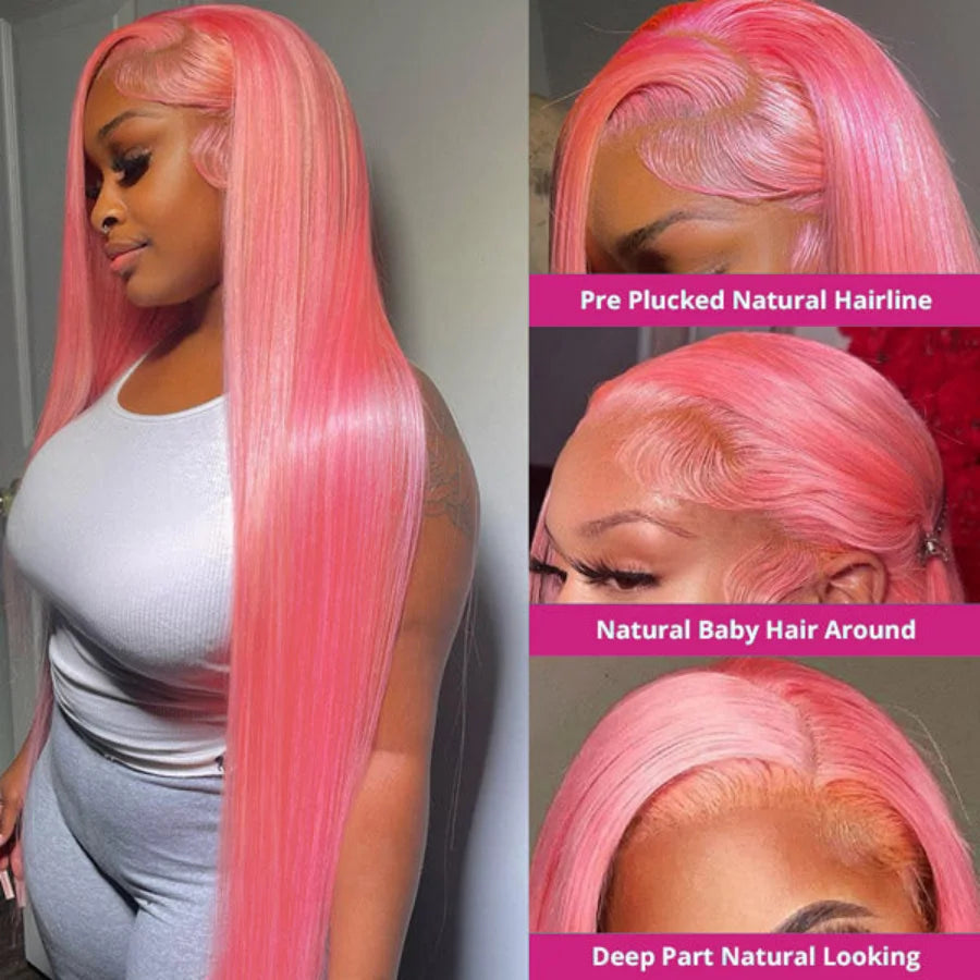 13x6 Pink Wig Lace Frontal Human Hair Wig Brazilian 13x4 HD Lace Front Wigs Pre Plucked Pre Bleached Bone Straight Colored Wigs