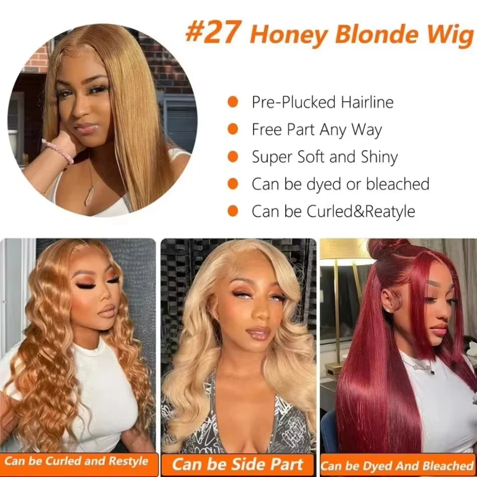 27 Honey Blonde Human Hair Wig 13x4 13X6 Hd Lace Frontal Wig 30 Inch Brazilian Straight Human Hair Wig Pre Plucked For Women