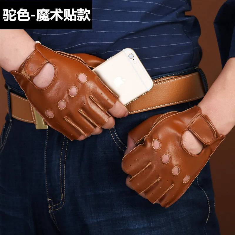 Genuine leather gloves with half finger breathable retro motorcycle wear resistant fitness outdoor motorcycle riding gloves