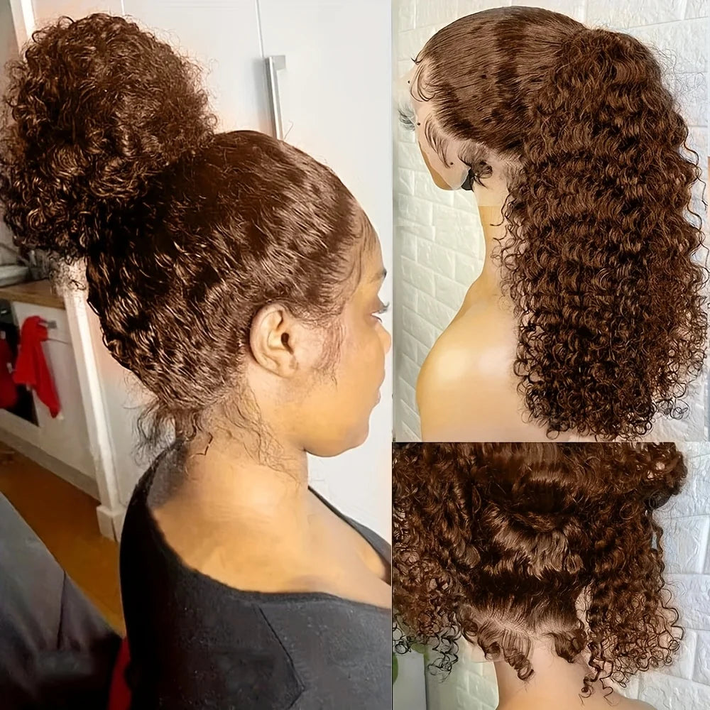 Heyju Invisible Strap HD 360 Lace Front Wigs Human Hair Chocolate Brown Curly 360 Full Lace Drawstring Human Hair Glueless Wigs