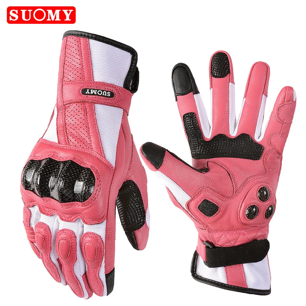 Suomy Women Pink Goatskin Motorcycle Gloves Lady Long Full Finger Scooter Electric Bike Glove Cycling Racing Motocross Luvas XS