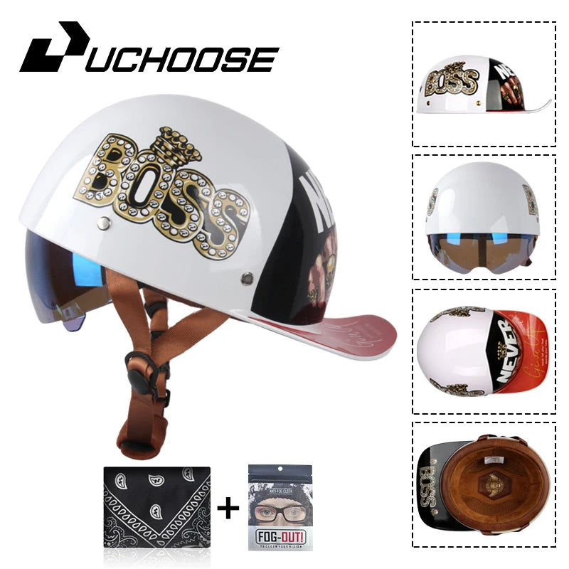 Uchoose Baseball Cap Helmet Motorcycle Vintage Retro Helmets Summer Open Face Scooter Cruiser Chopper Gangster DS Men Women Kid