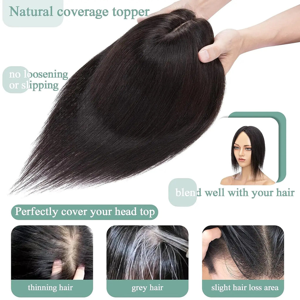 Women Topper Human Hair Straight Silk Top Human Hair Wigs Machine Made Clip in Remy Hair Toupee Silk Base Human Hair System Unit