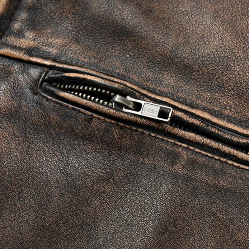 NEW Men's Vintage Motorcycle Jacket Stand Collar Natural Cowhide Jacket Classic Top Layer Cowhide Moto Suit Biker Clothing