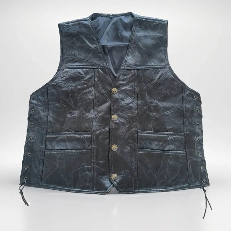 Classic Motorcycle Harley wind Leather Vest Men Tank Top Genuine Sheepskin Riding Vest Black Clean Version Tied Rope Snowmobile