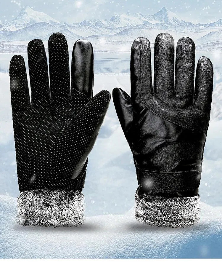 Leather Gloves Men's Winter Fleece Thickened Warm Touch Screen Windproof Waterproof Driving Motorcycle Riding Gloves Women's Win