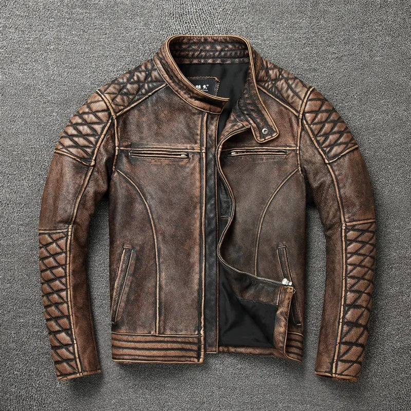 NEW Men's Vintage Motorcycle Jacket Stand Collar Natural Cowhide Jacket Classic Top Layer Cowhide Moto Suit Biker Clothing