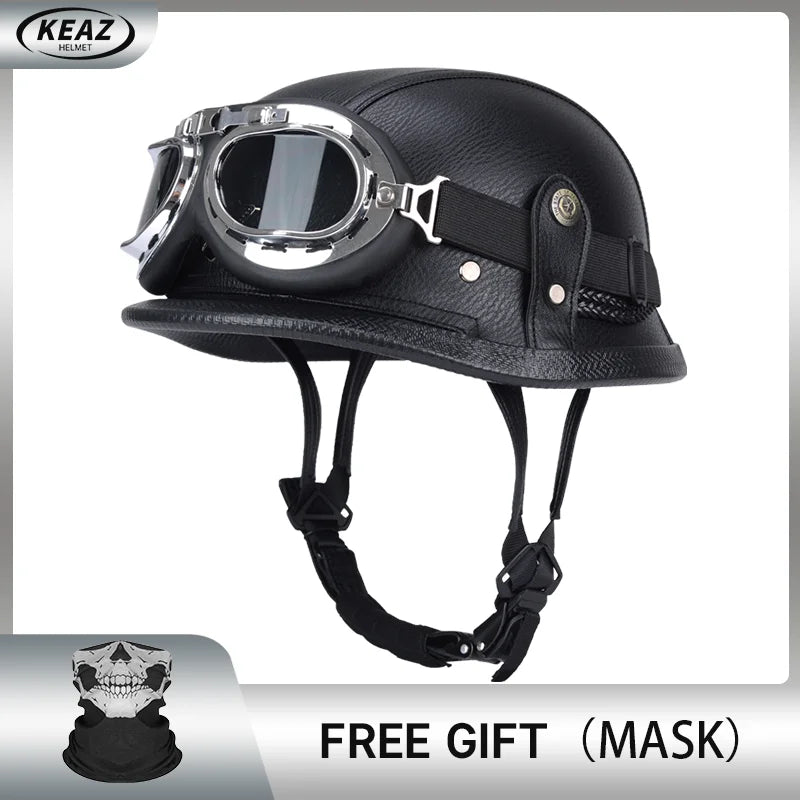Factory Price Motorcycle German Style Leather Half Face Helmet DOT Approved Cap1/2 Shell Helmets+Goggles Open-Face Casque