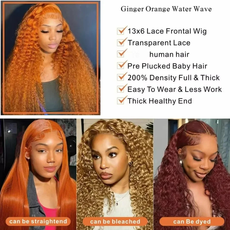 Ginger Orange Deep Wave 13X6 Hd Lace Front Human Hair Wig 13X4 250 Density 36 Inch 350 Colored Curly Pre Plucked Brazilian Wigs