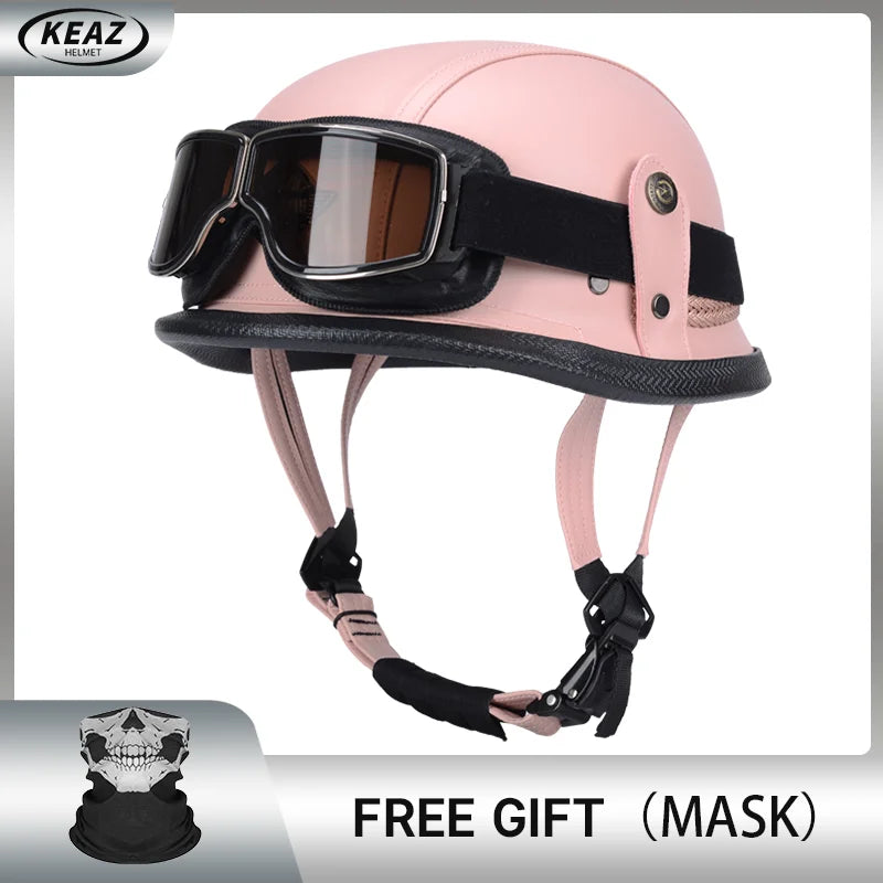 Classical German Style Leather Women and Men Half Face Motorcycle Helmets With Copper Googles Capacete De Moto Masculino DOT