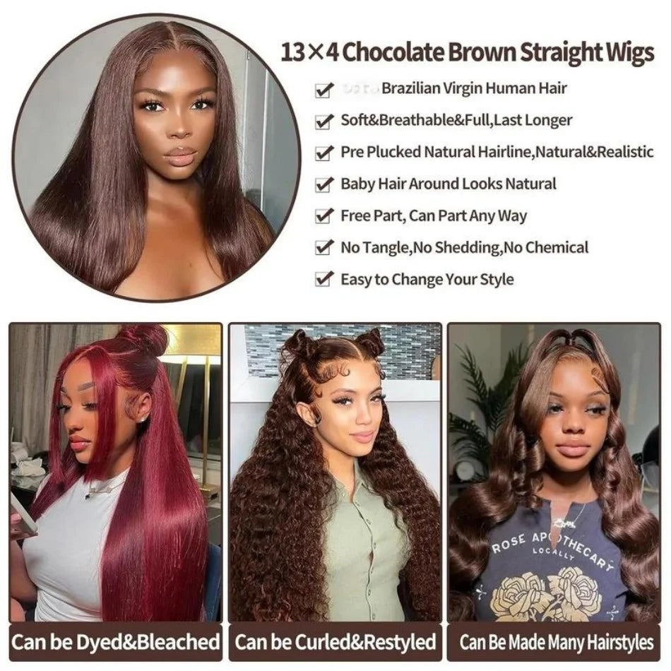 Chocolate Brown Human Hair Wigs 13X6 Hd Lace Frontal Wig Colored 13X4 Straight Lace Front Wigs Pre Plucked Brazilian Wig 36 Inch