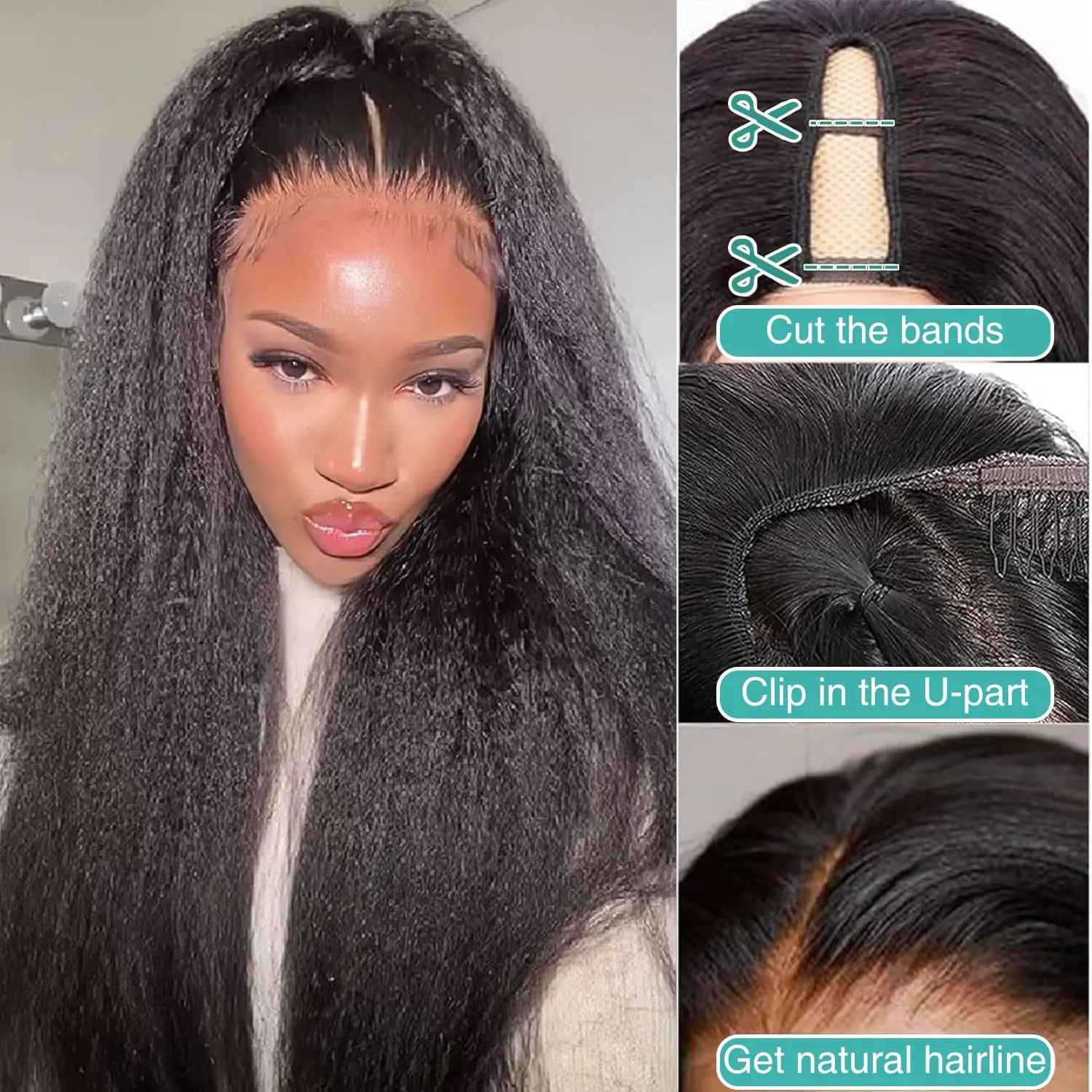 200% Density V Part Wig Kinky Straight Human Hair Wig Natural Black Kinky Straight V Part Wig Human Hair For Black Women 30 Inch