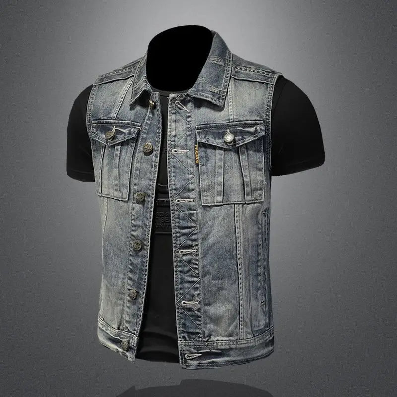 Men's denim jackets vintage fashion streetwear motorcycle riding jersey vests high street fashion versatile denim vests menswear