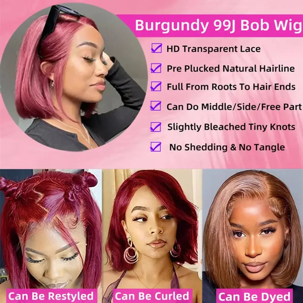 8-14 Inch 99J Bob Burgundy 200% Density Wigs Remy Human Hair Wigs 13x4 HD Lace Frontal Wigs Pre Plucked Remy Hair Brazilian Hair