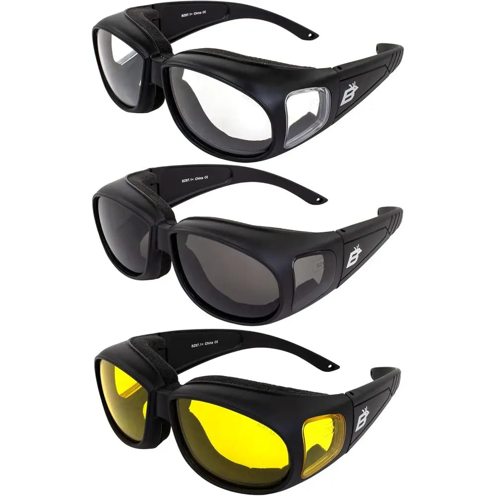 Birdz Eyewear Swallow Fit Over Glasses Foam Padded Motorcycle Sunglasses Riding Safety Glasses 3 Pairs Black Frame w/Clear Smoke